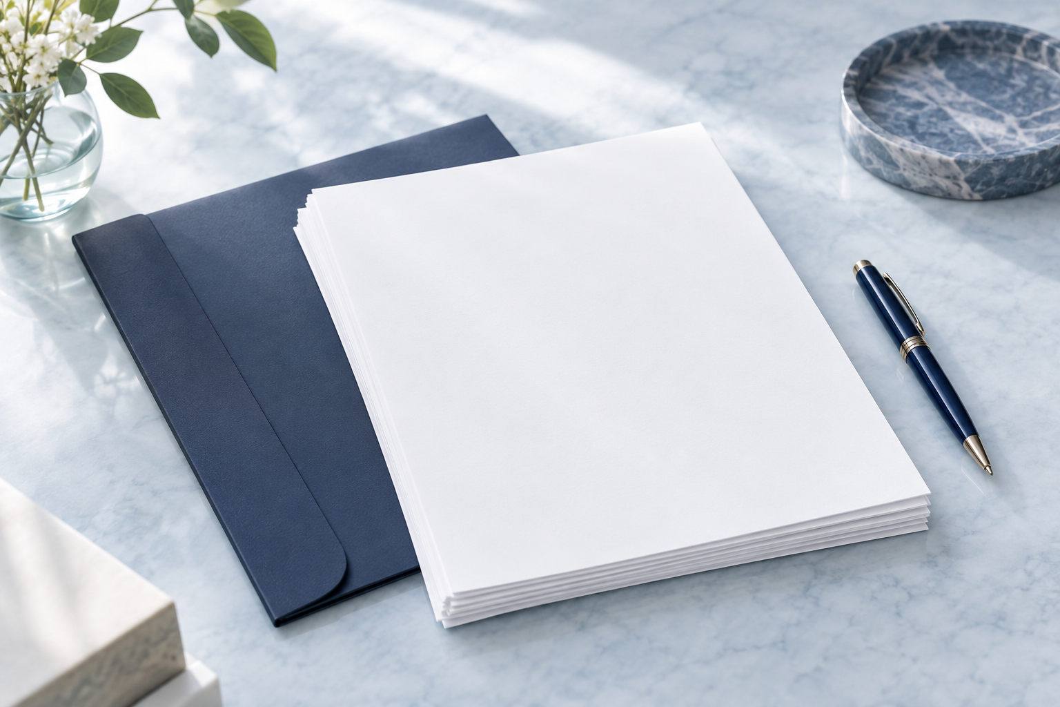 Documentos, carpeta azul y pluma en un escritorio